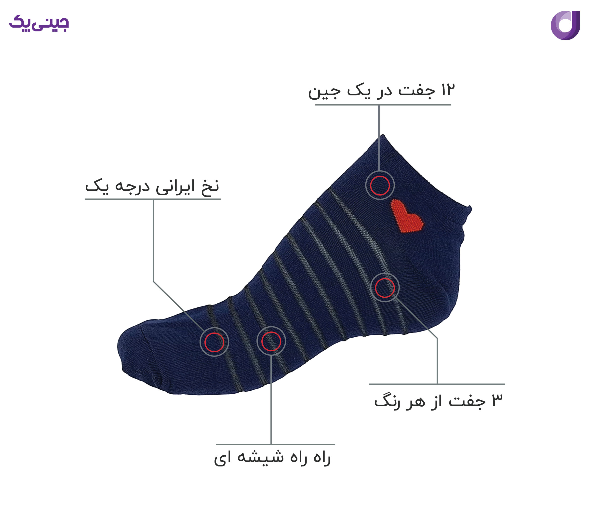 جوراب مچی نخی زنانه فانتزی طرح قلب راه راه شیشه ای