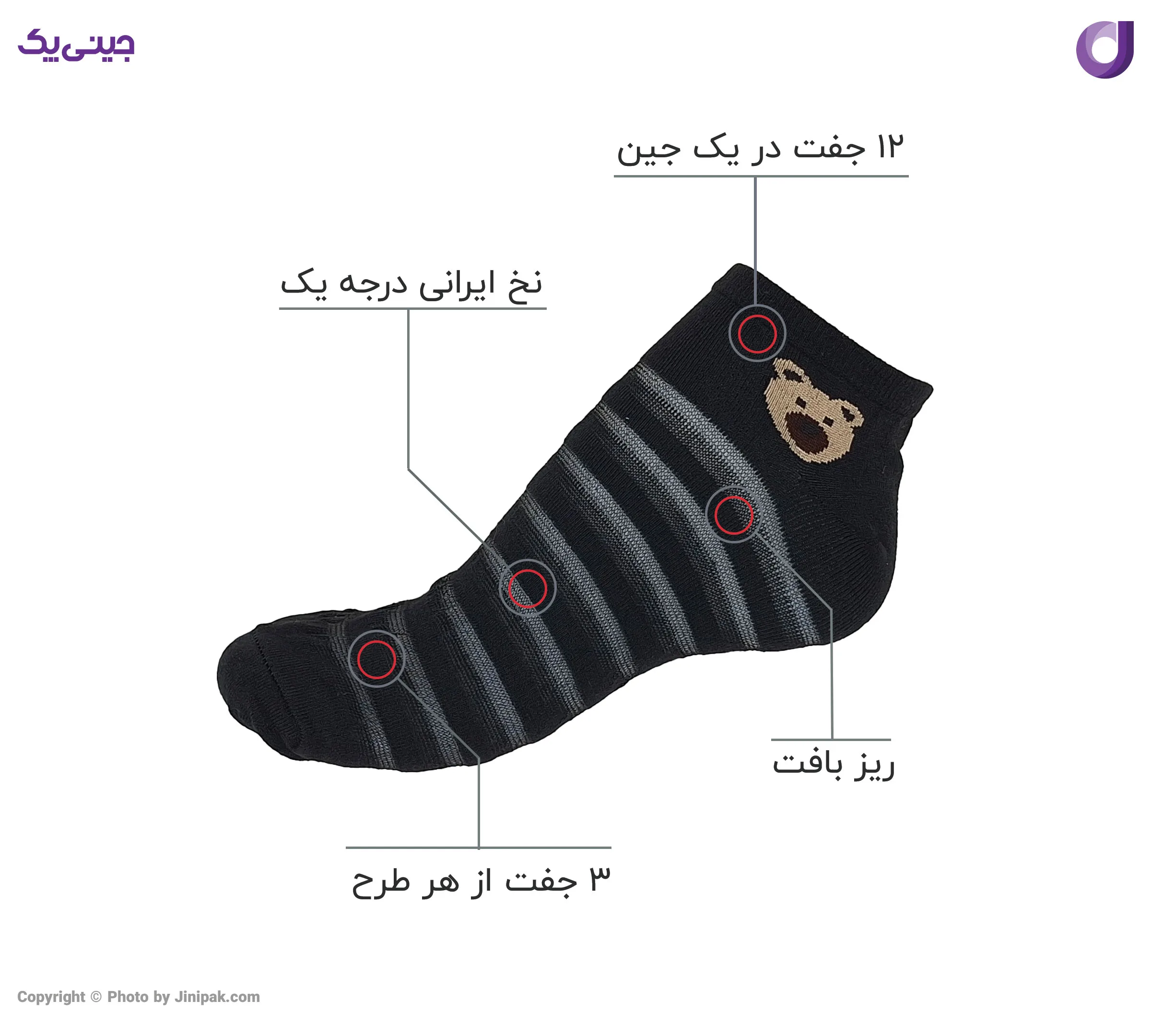 جوراب مچی نخی زنانه فانتزی راه راه شیشه ای طرح تدی