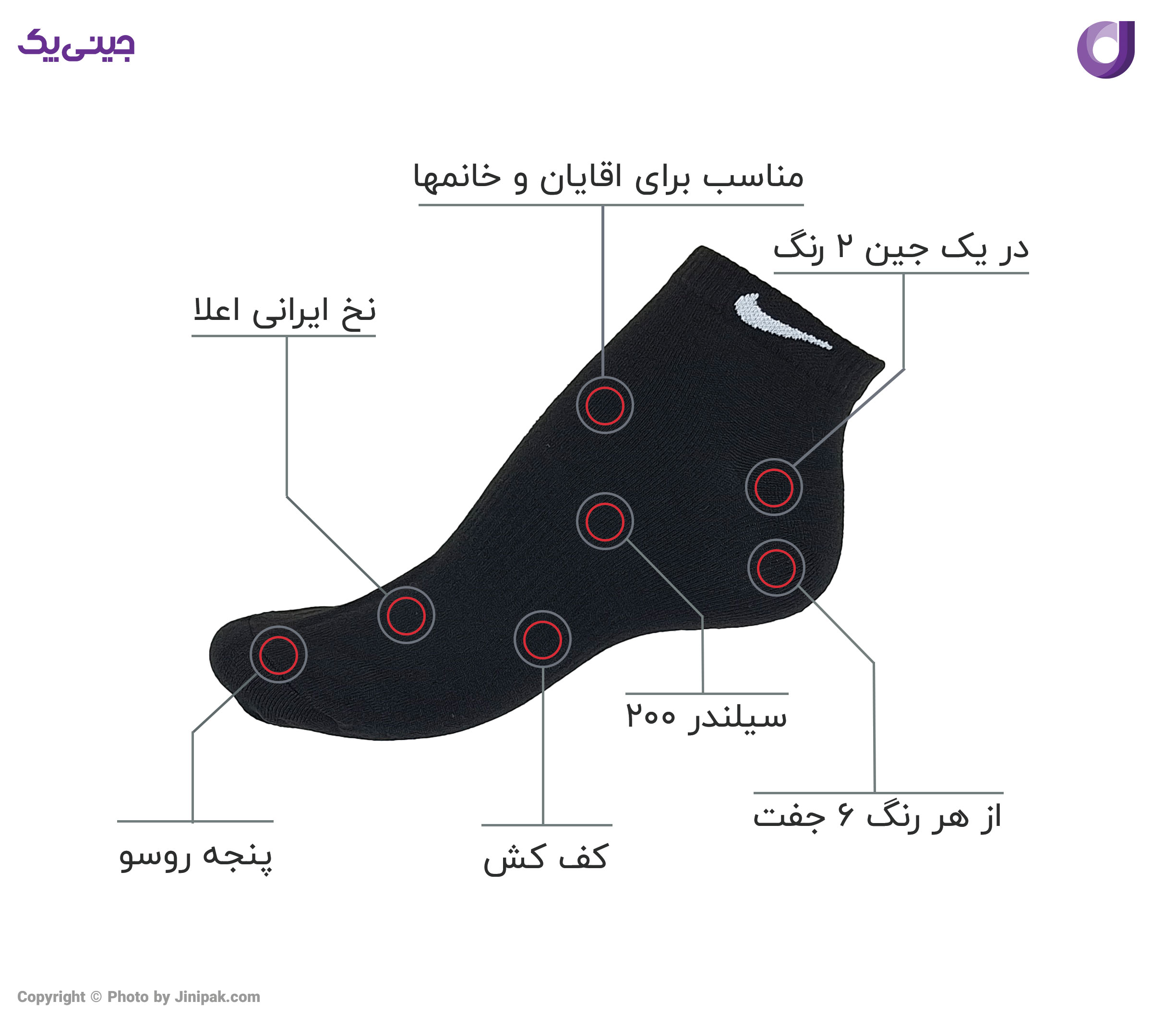 جوراب مچی نخی اعلا زنانه و مردانه کف کش طرح نایک سفید و مشکی