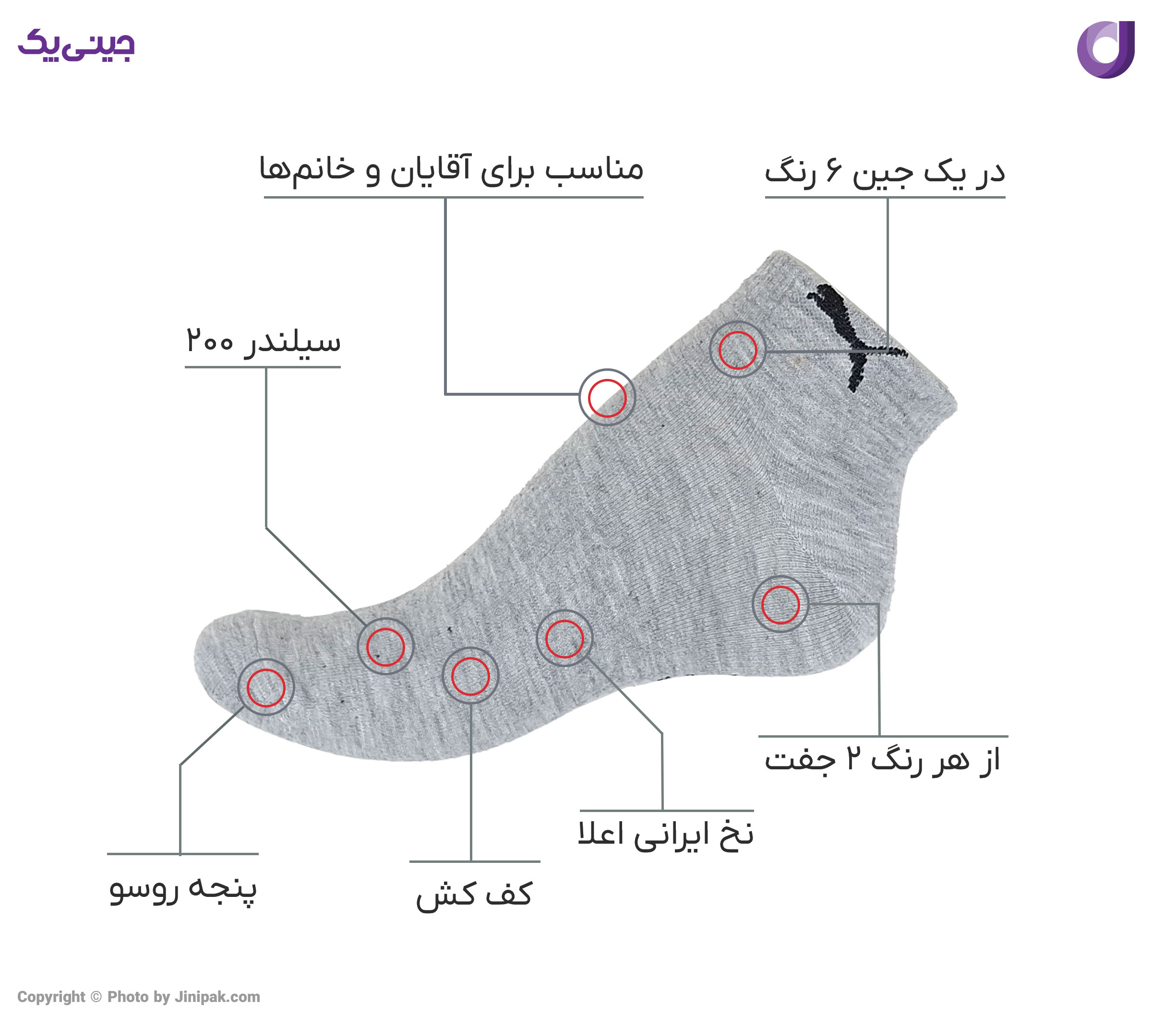 جوراب مچی نخی اعلا زنانه و مردانه کف کش 6 رنگ طرح پوما