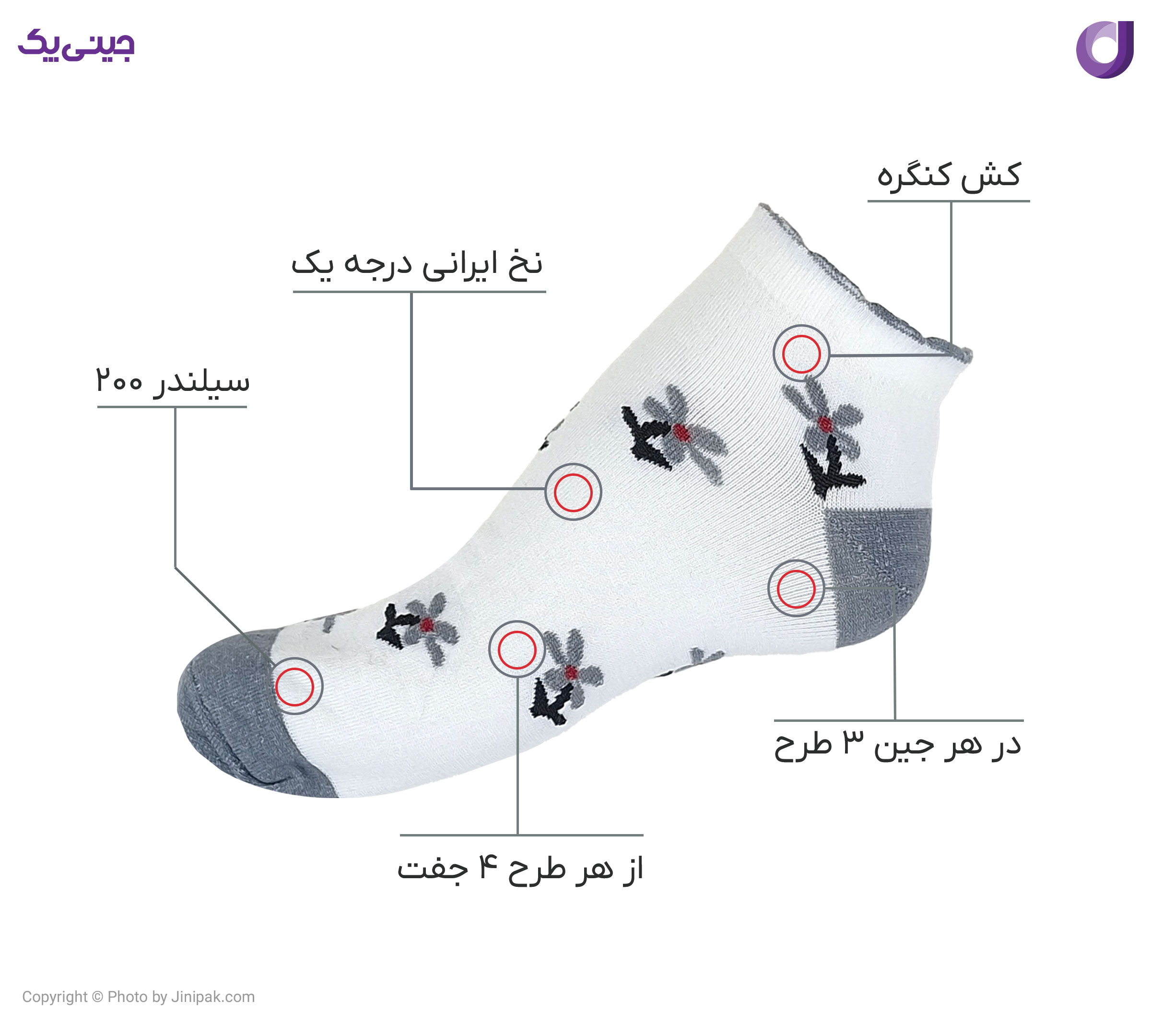 جوراب مچی نخی زنانه کش کنگره فانتزی طوسی طرح گل