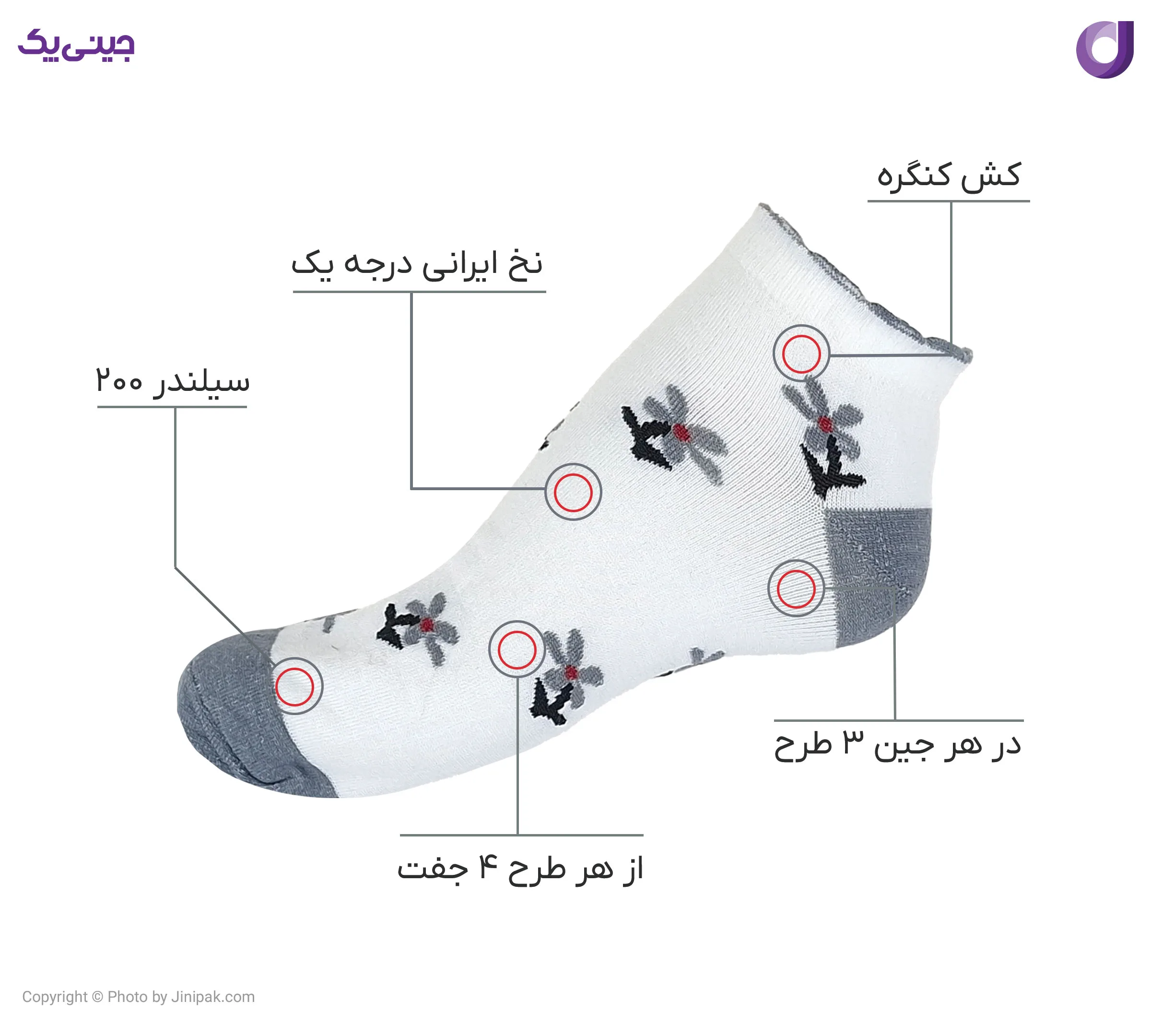 جوراب مچی نخی زنانه کش کنگره فانتزی طوسی طرح گل