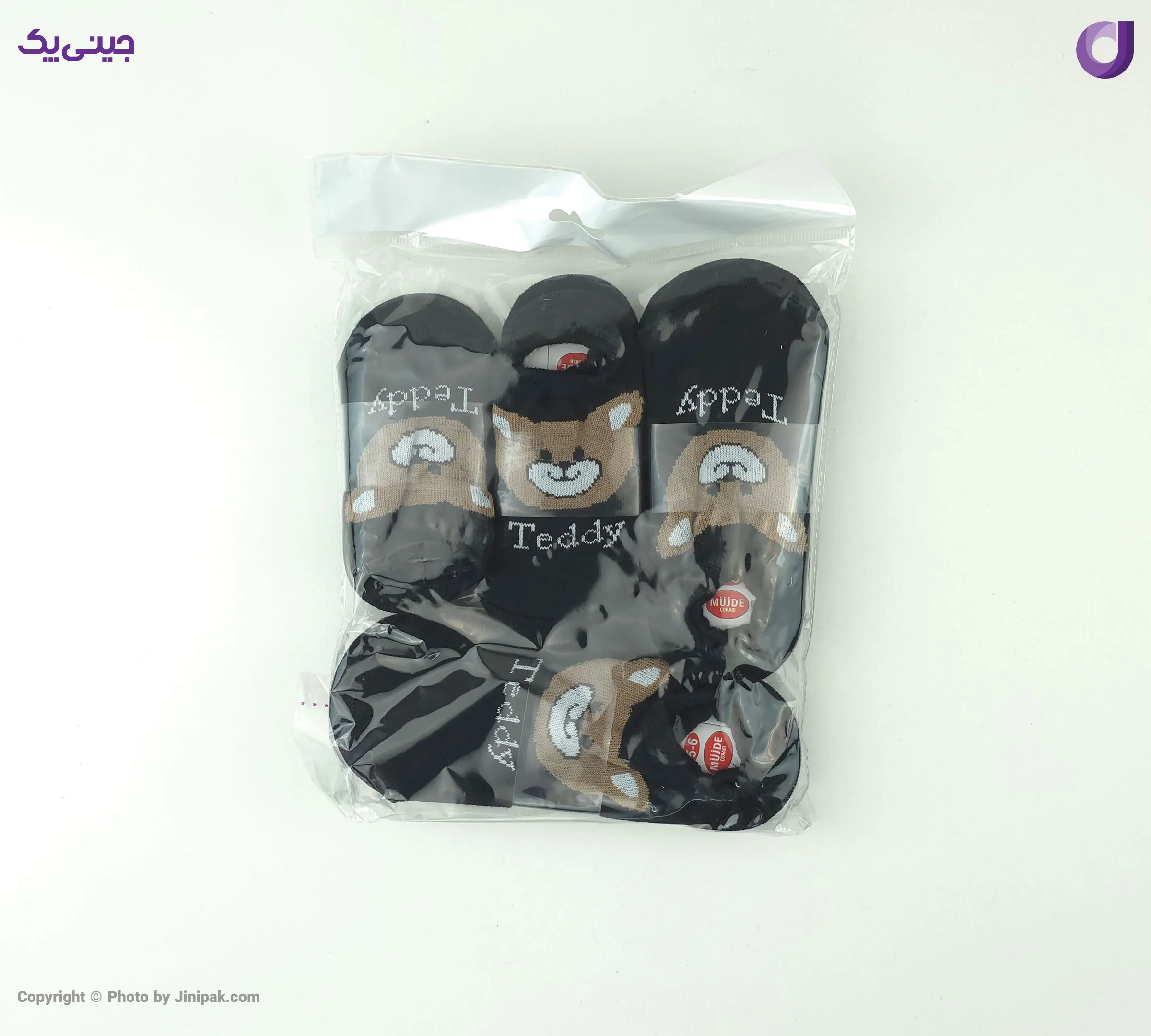 جوراب کالج نخی بچگانه 2 تا 6 سال طرح تدی مشکی