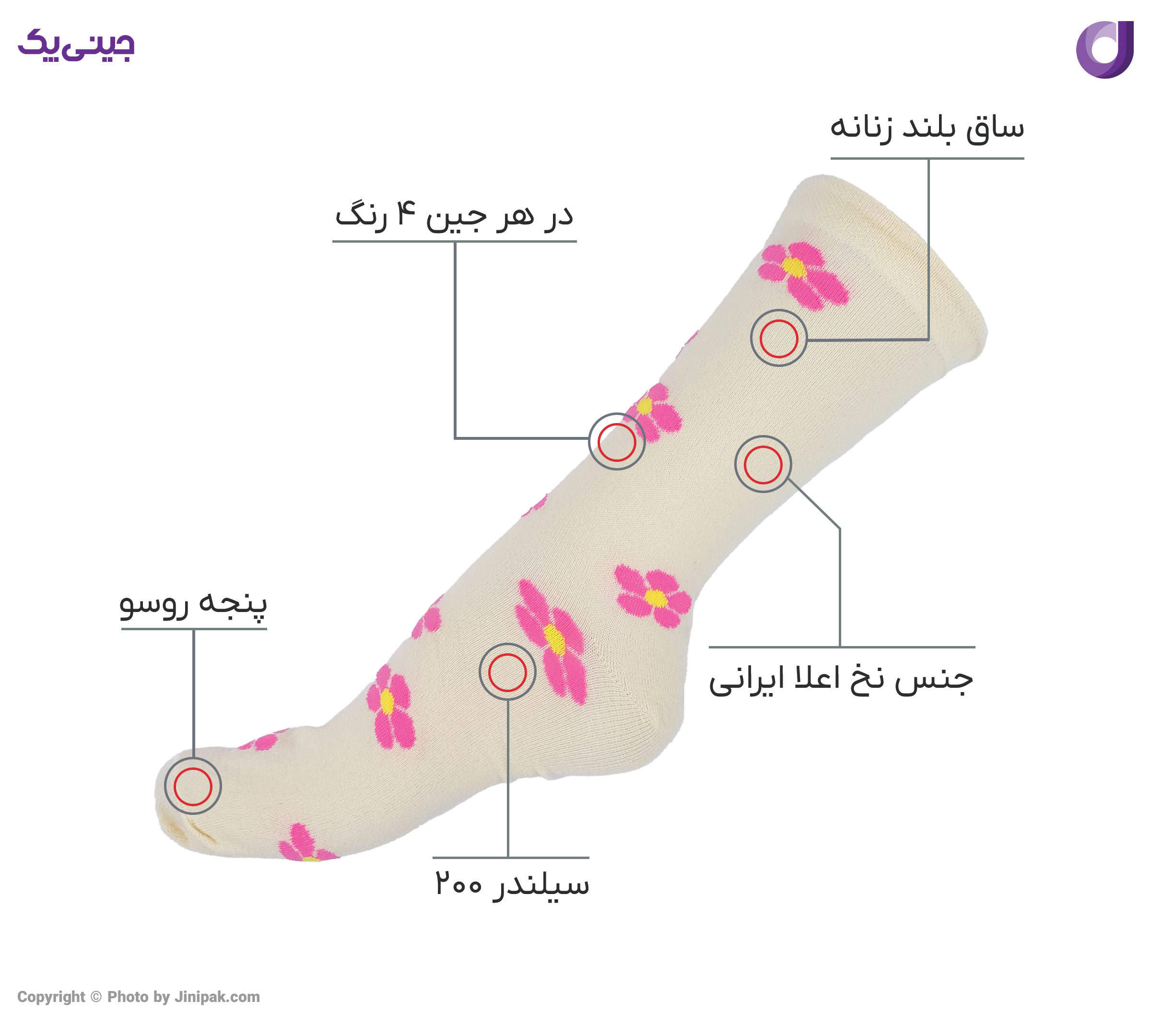 جوراب فانتزی نخی زنانه ساق بلند اعلا طرح گل