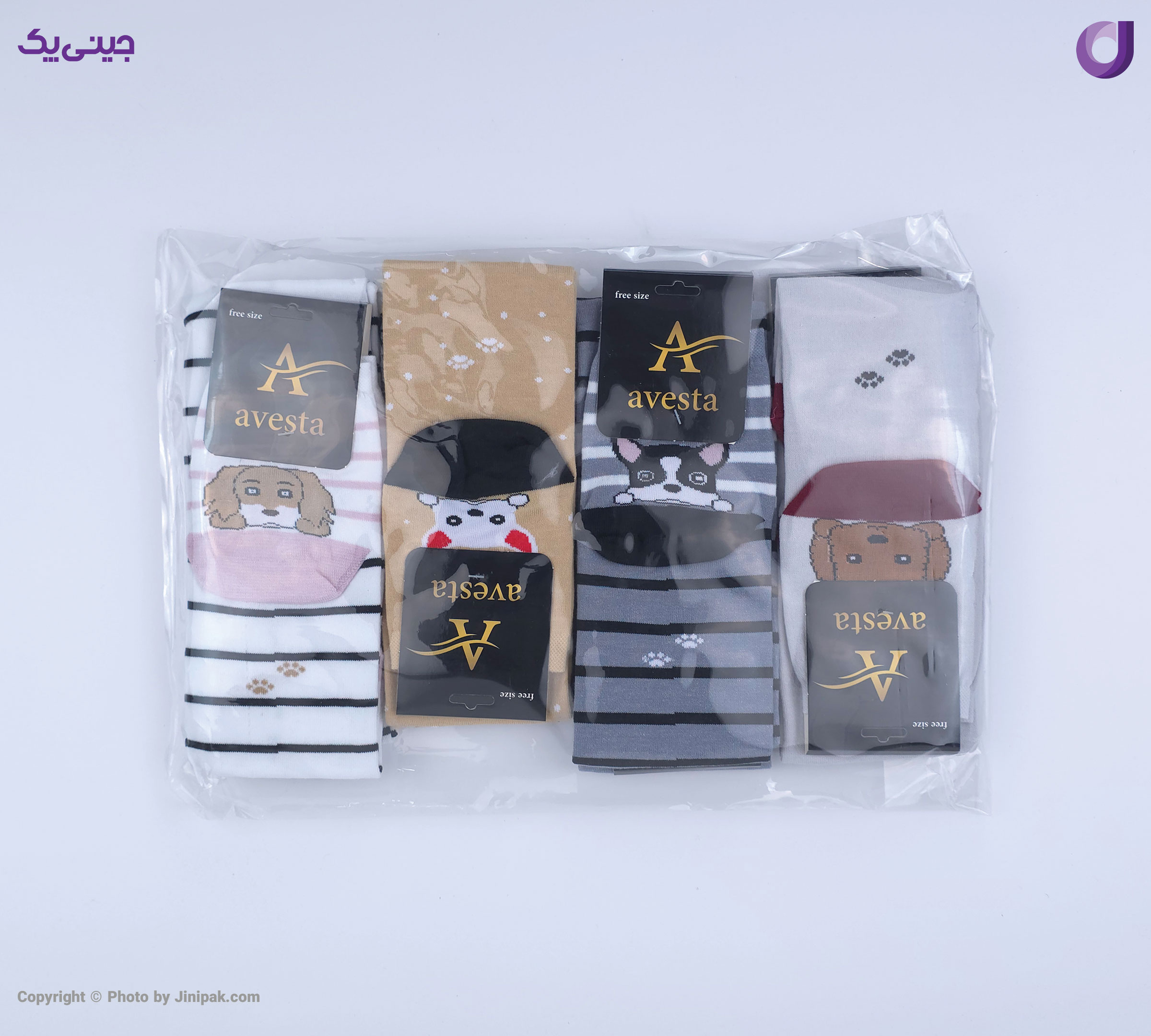 بسته بندی محصول جوراب فانتزی نخی زنانه نیم ساق اعلا طرح سگ