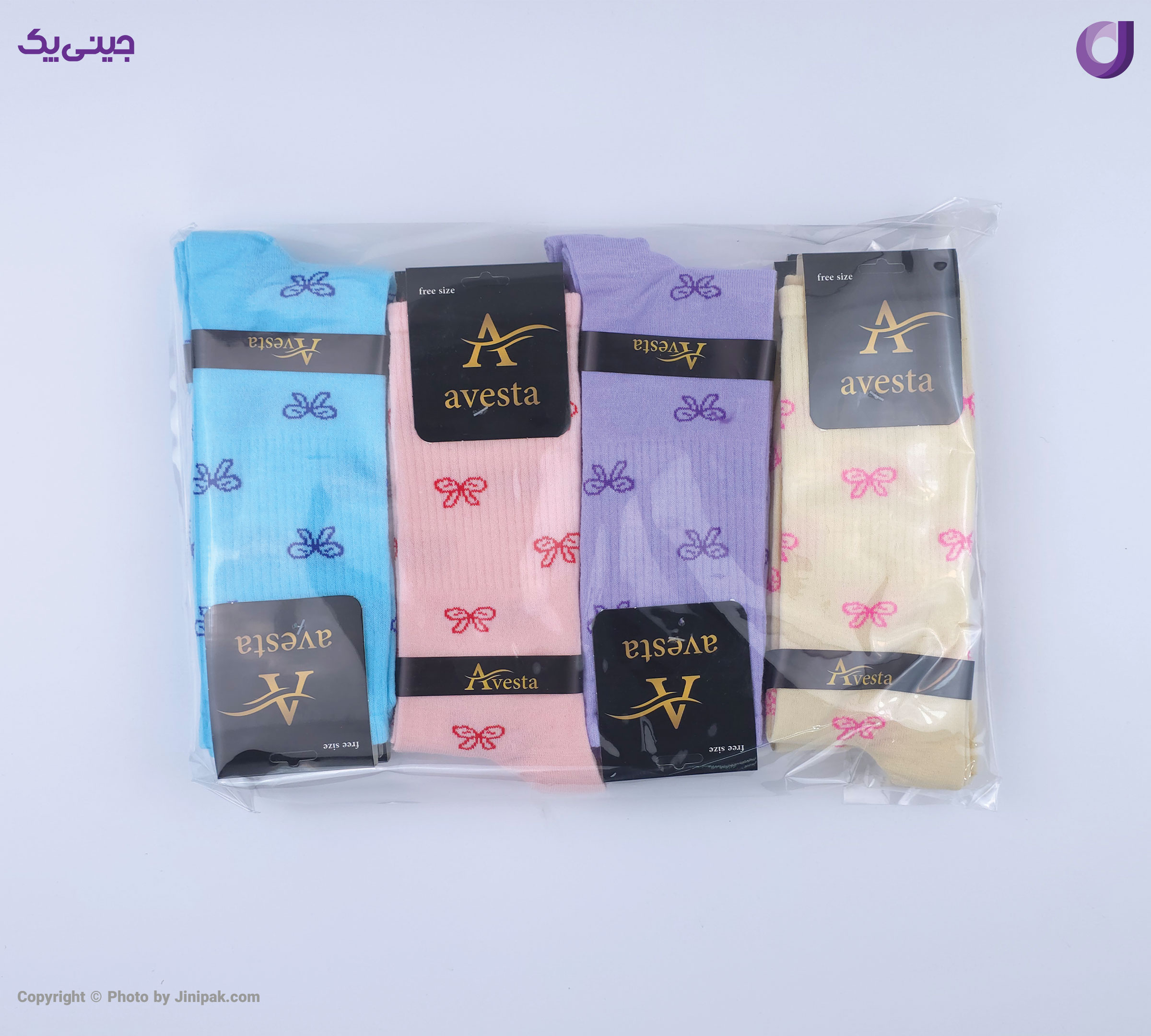 بسته بندی محصول جوراب فانتزی نخی زنانه ساق بلند اعلا طرح پاپیون