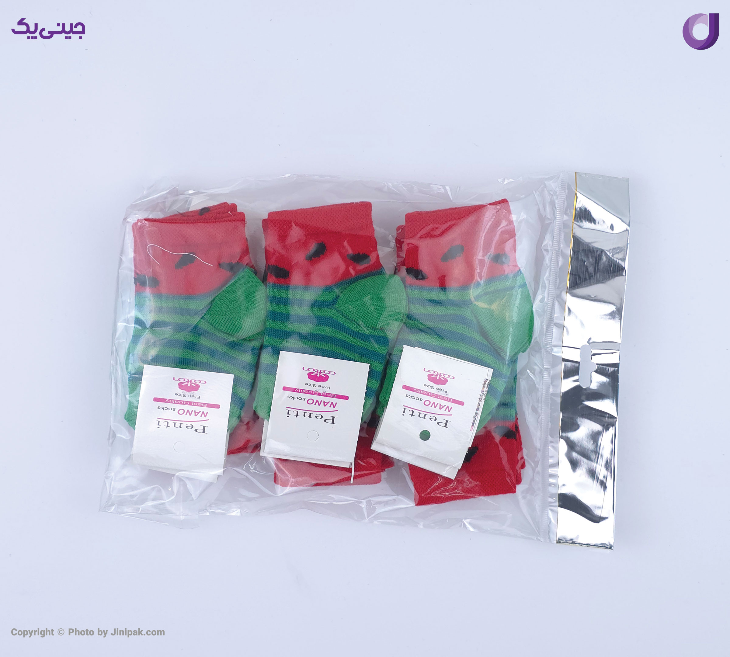 بسته بندی محصول جوراب مچی نخی نوزادی یلدایی طرح هندوانه