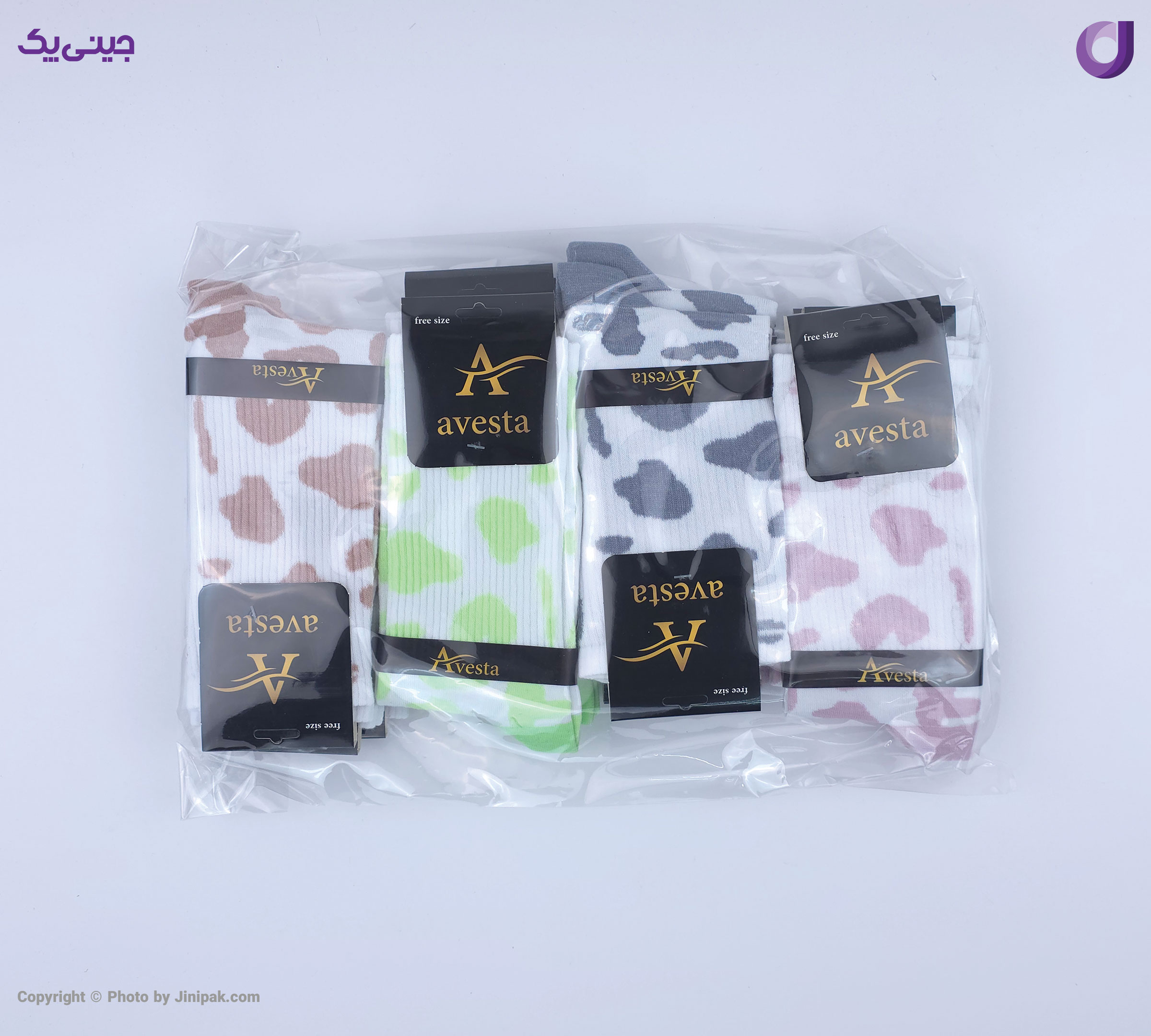 بسته بندی محصول جوراب فانتزی نخی اعلا زنانه ساق بلند کش انگلیسی طرح پلنگی رنگی