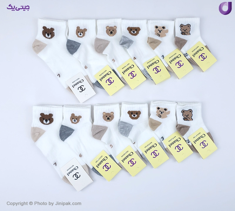 جوراب نخی بچگانه 2 تا 7 سال طرح تدی سفید 